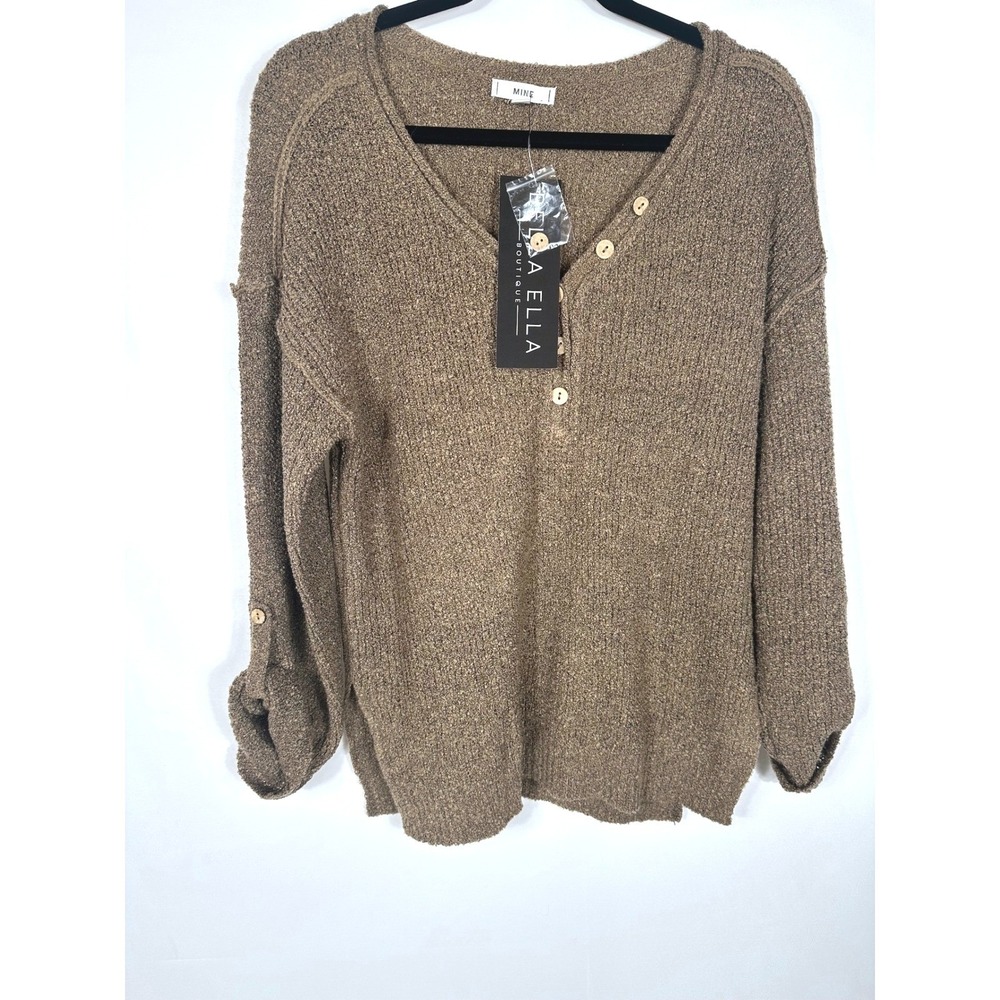 MINE Cocoa Brown Textured Button Neck Knit Sweater Size Small